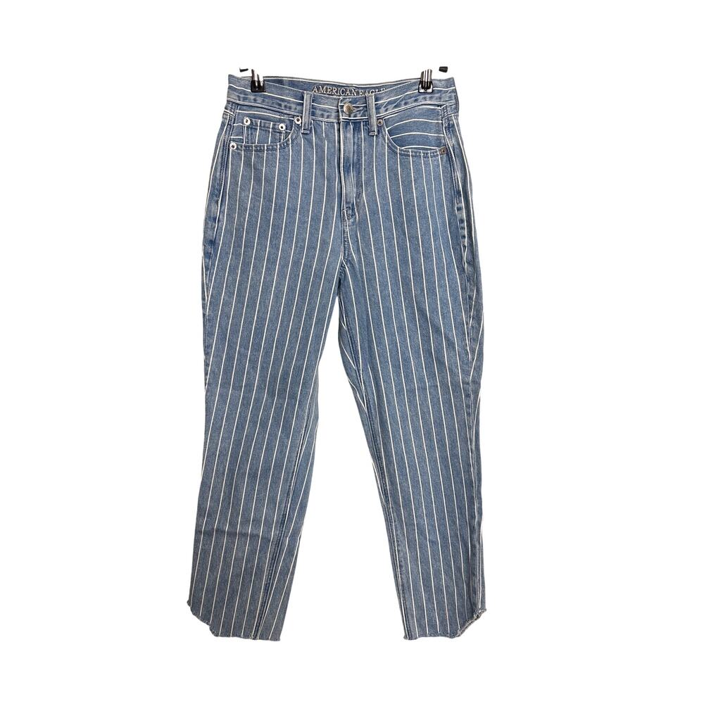 American Eagle Jeans Womens 0 Blue White Striped Mom Jean High Rise Raw Hem